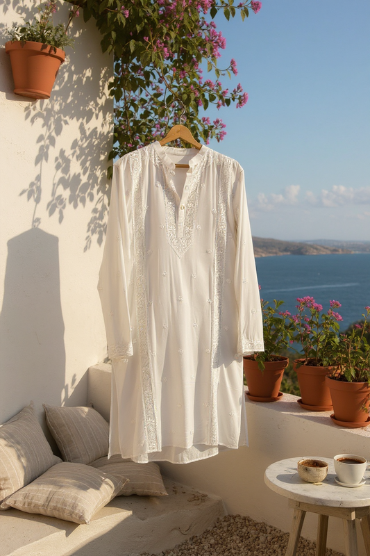 Men's Kurta with Chikankari on white Modal Cotton