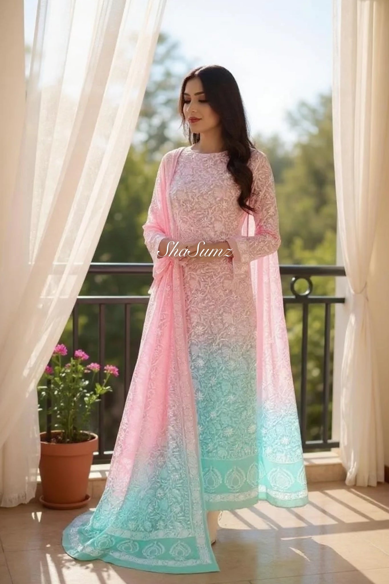 Pastel Pink & Aqua Pure Georgette Chikankari Suit