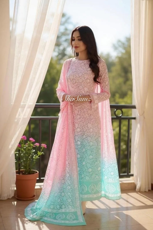 Pastel Pink & Aqua Pure Georgette Chikankari Suit