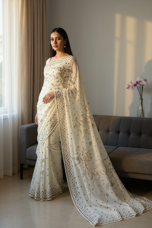 Ivory Saree with Mukaish & Badla