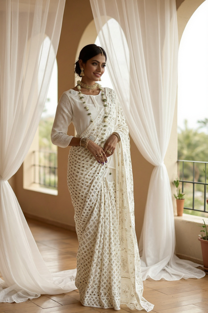 Lily white saree featuring Chikankari, Mukaish work, and pearls, elegantly worn by a model in a serene setting.