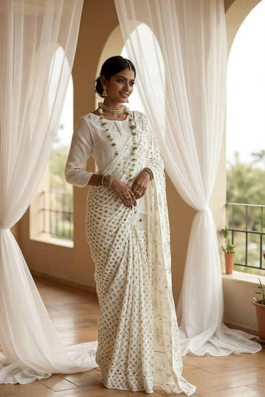 Lily white saree featuring Chikankari, Mukaish work, and pearls, elegantly worn by a model in a serene setting.