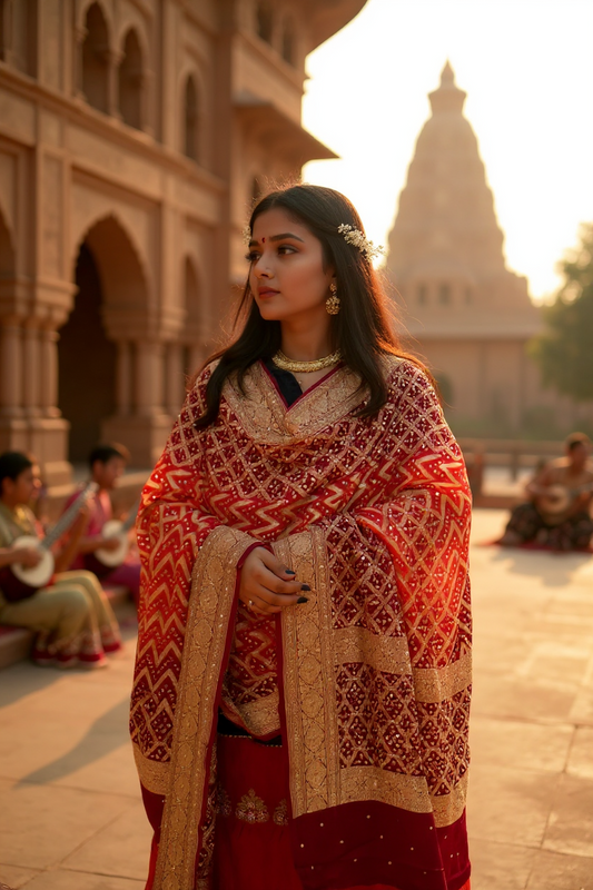 Maroon & Burnt Orange Banarsi Bandhej Pure Georgette Mukaish Dupatta