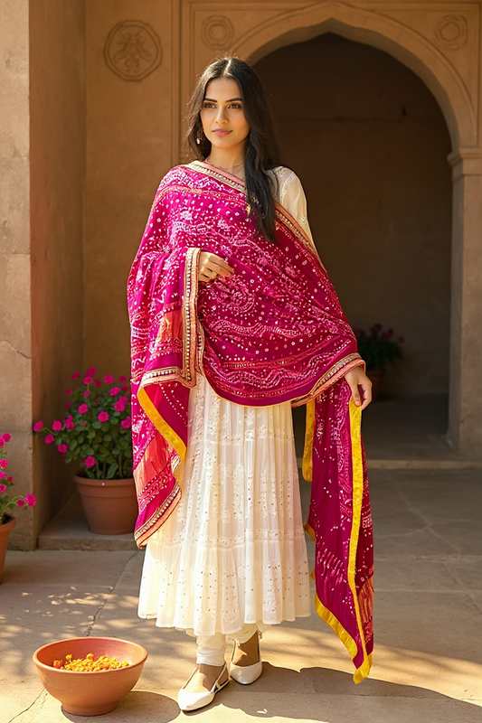 Royal Fuchsia Pink Silk Bandhej Dupatta with Mukaish