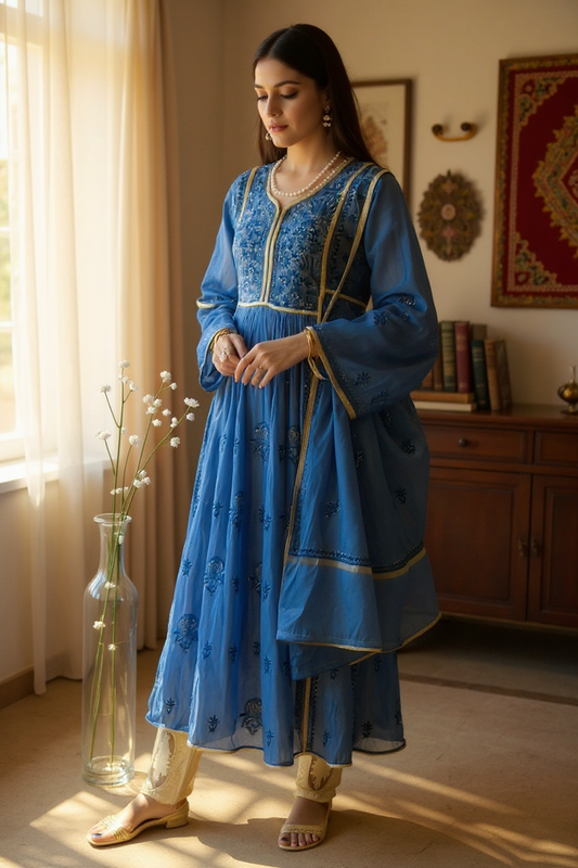 Blue Mul Peshwaz with Chikankari & Kamdani