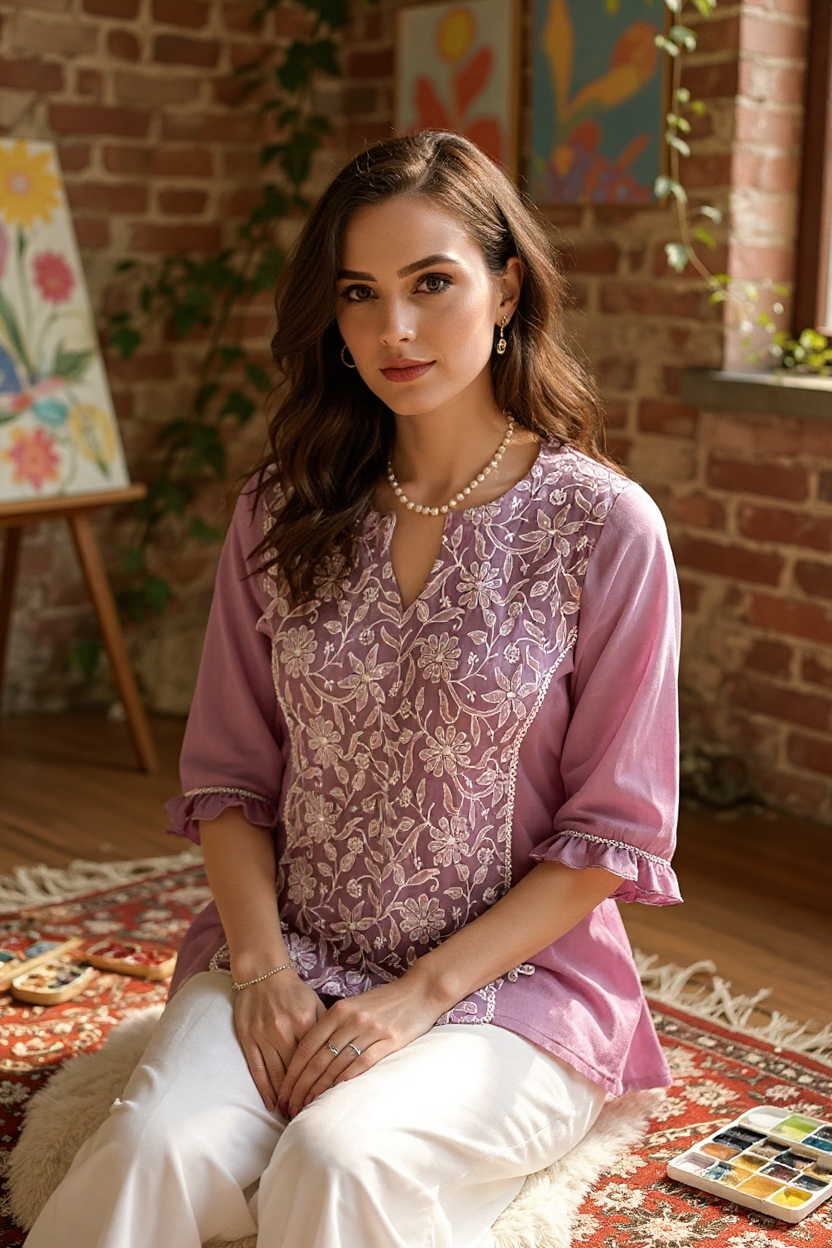 Mauve Chikankari & Embellishments Pure Georgette Shirt