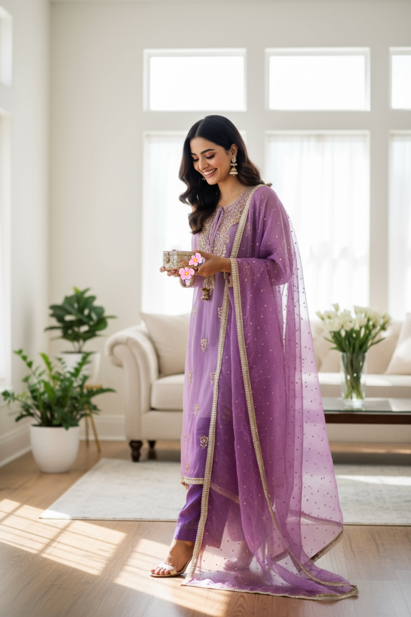 Woman wearing Lavender Purple Organza Suit with Mukaish 
