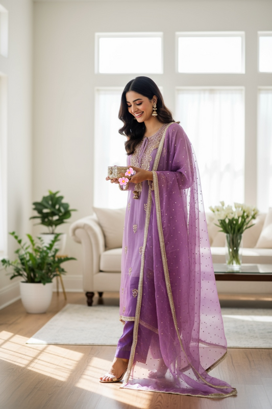 Woman wearing Lavender Purple Organza Suit with Mukaish 