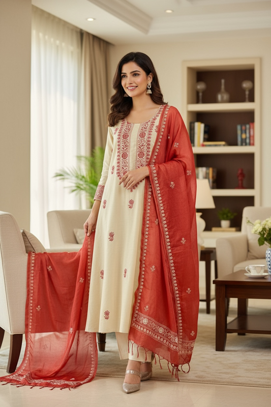Beige Munga Silk Suit with Chikankari, model displaying elegant outfit in modern living room.