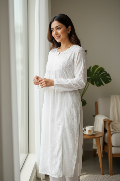White Chanderi Kurti with Chikankari