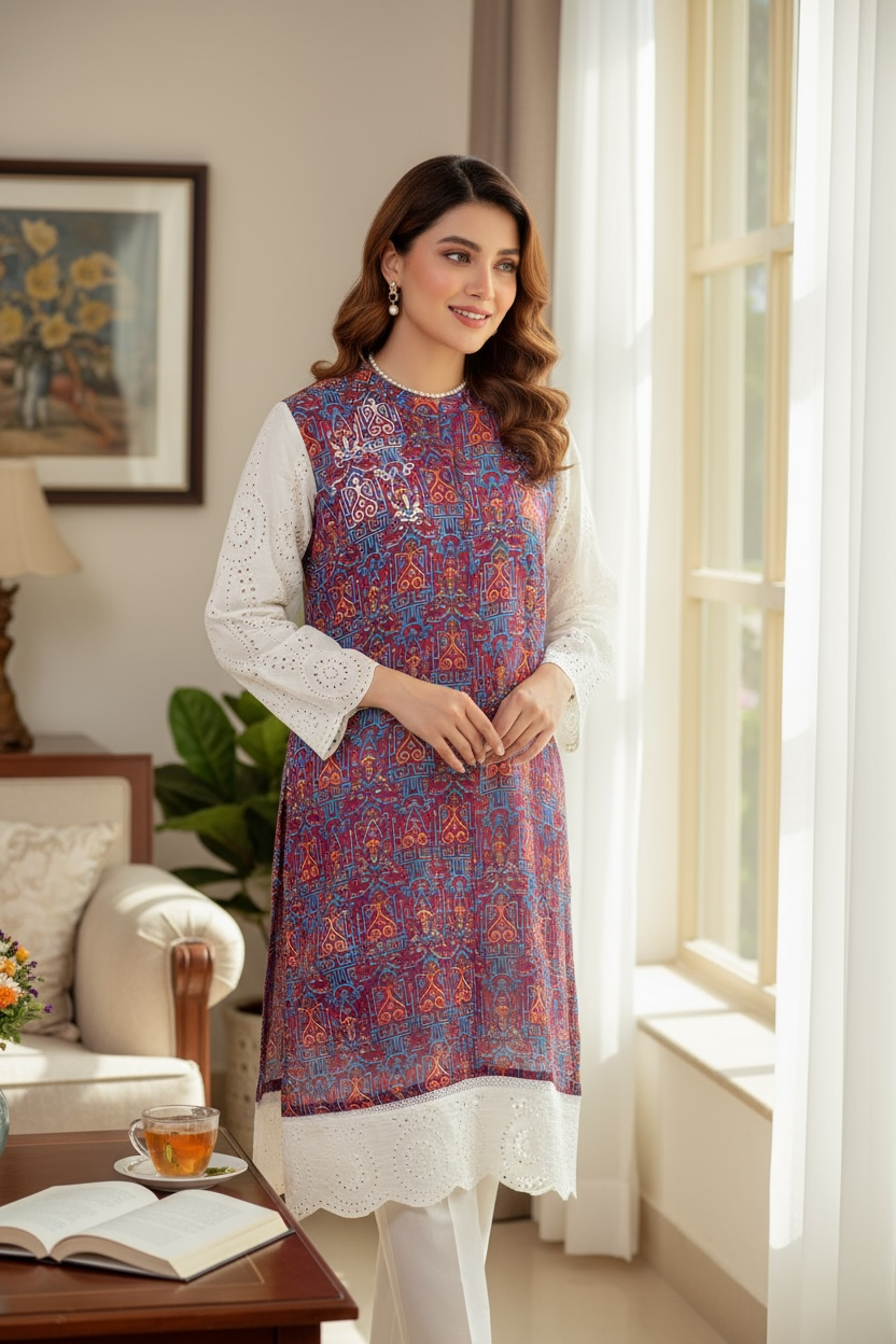 Cotton Net Kurti with Chikankari Motif