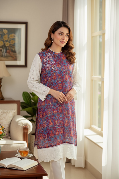 Cotton Net Kurti with Chikankari Motif