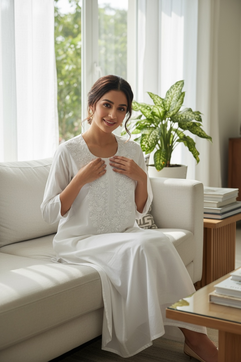 White Cotton Kurta with Chikankari