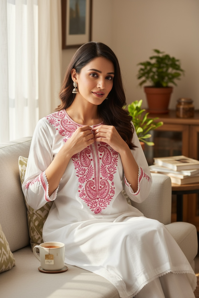 White Cambric Cotton Kurta with Multi Colour Chikankari