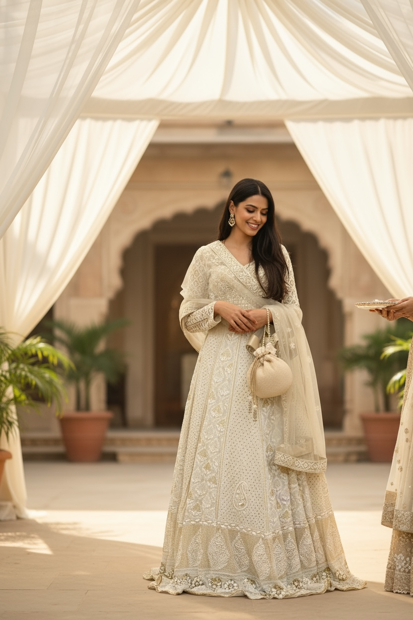 Ivory & Gold Lehenga Skirt with Chikankari, Zardozi & Embellishments