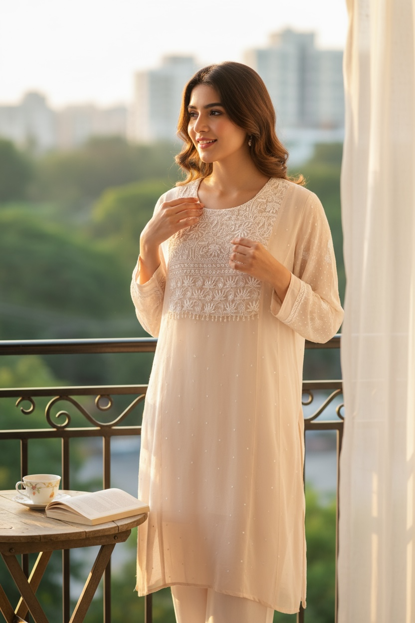 Soft Peach Chikankari & Embellishments Pure Georgette Kurti