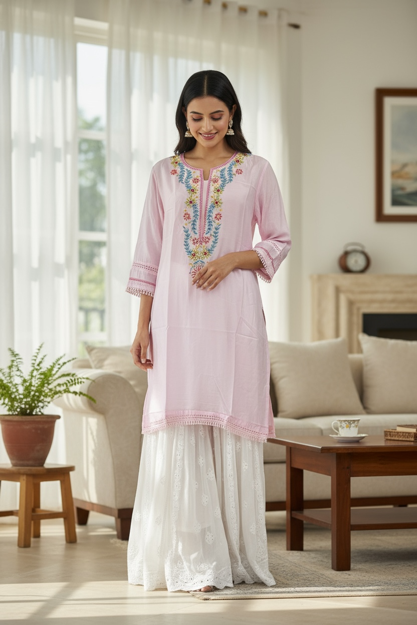 Pink Cotton Kurti with Multi colour Chikankari