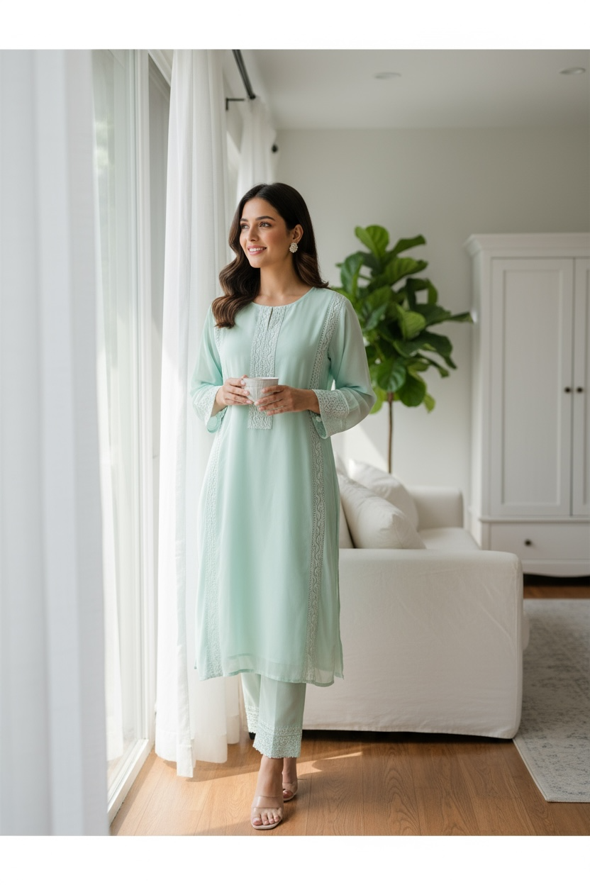 Mint Green Kalidar Chikankari Kurti