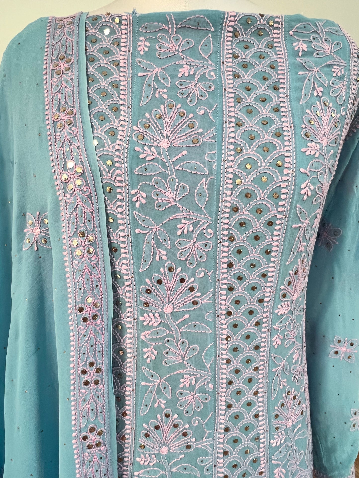 Sky Blue Anarkali with Pink Chikankari & Mukaish– Pure Georgette Elegance