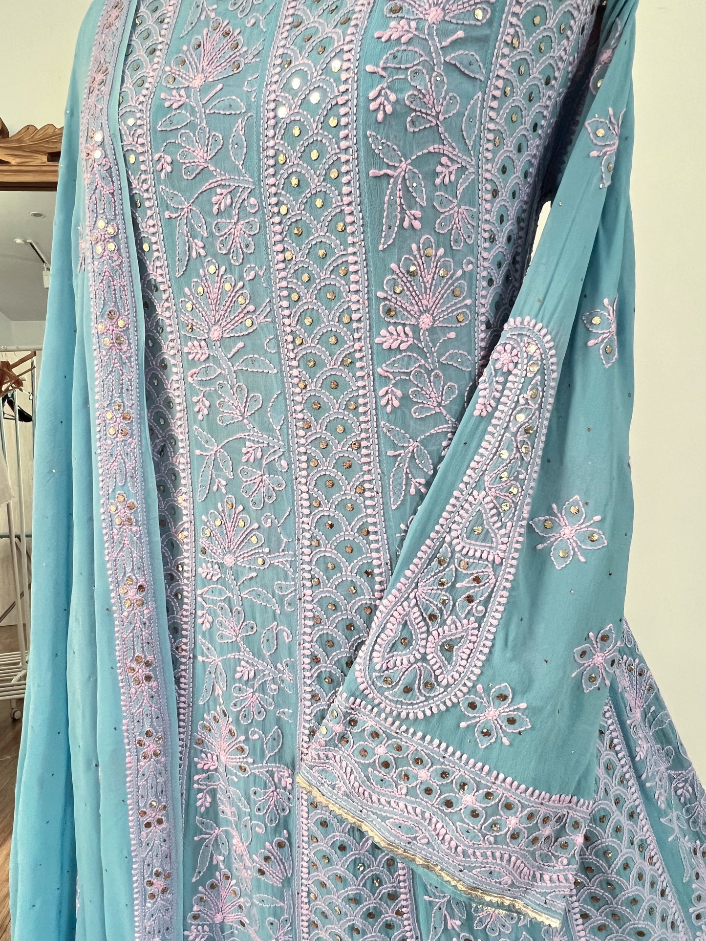 Sky Blue Anarkali with Pink Chikankari & Mukaish– Pure Georgette Elegance