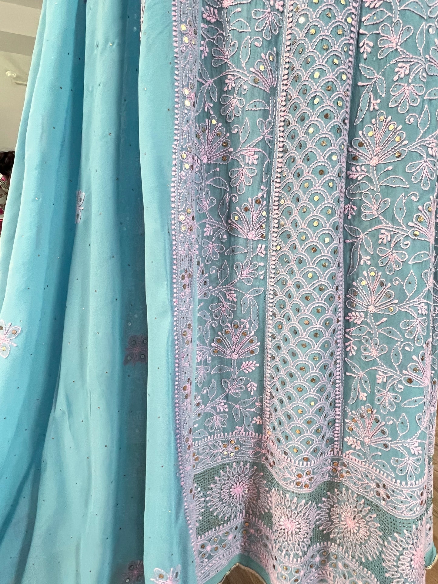 Sky Blue Anarkali with Pink Chikankari & Mukaish– Pure Georgette Elegance