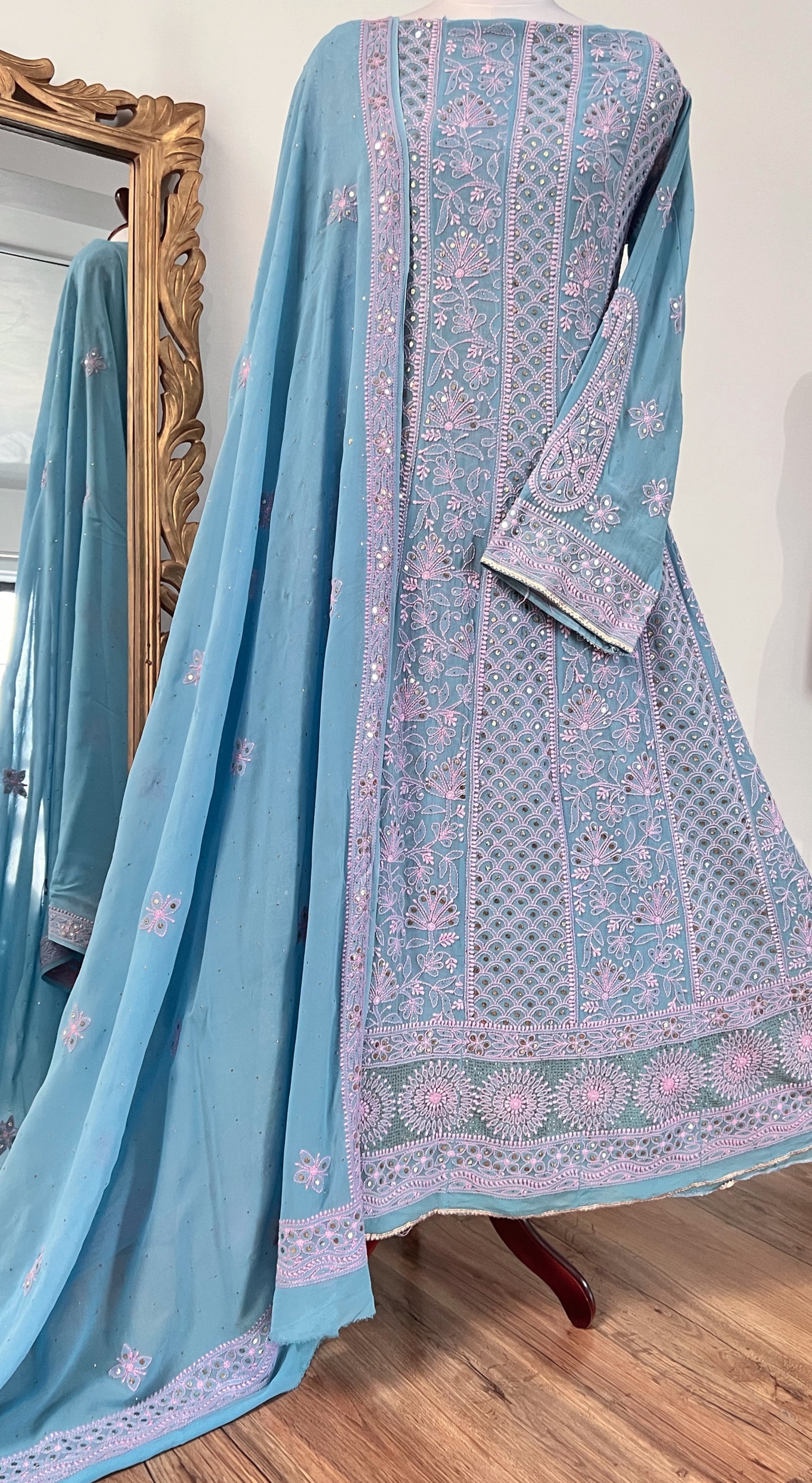 Sky Blue Anarkali with Pink Chikankari & Mukaish– Pure Georgette Elegance