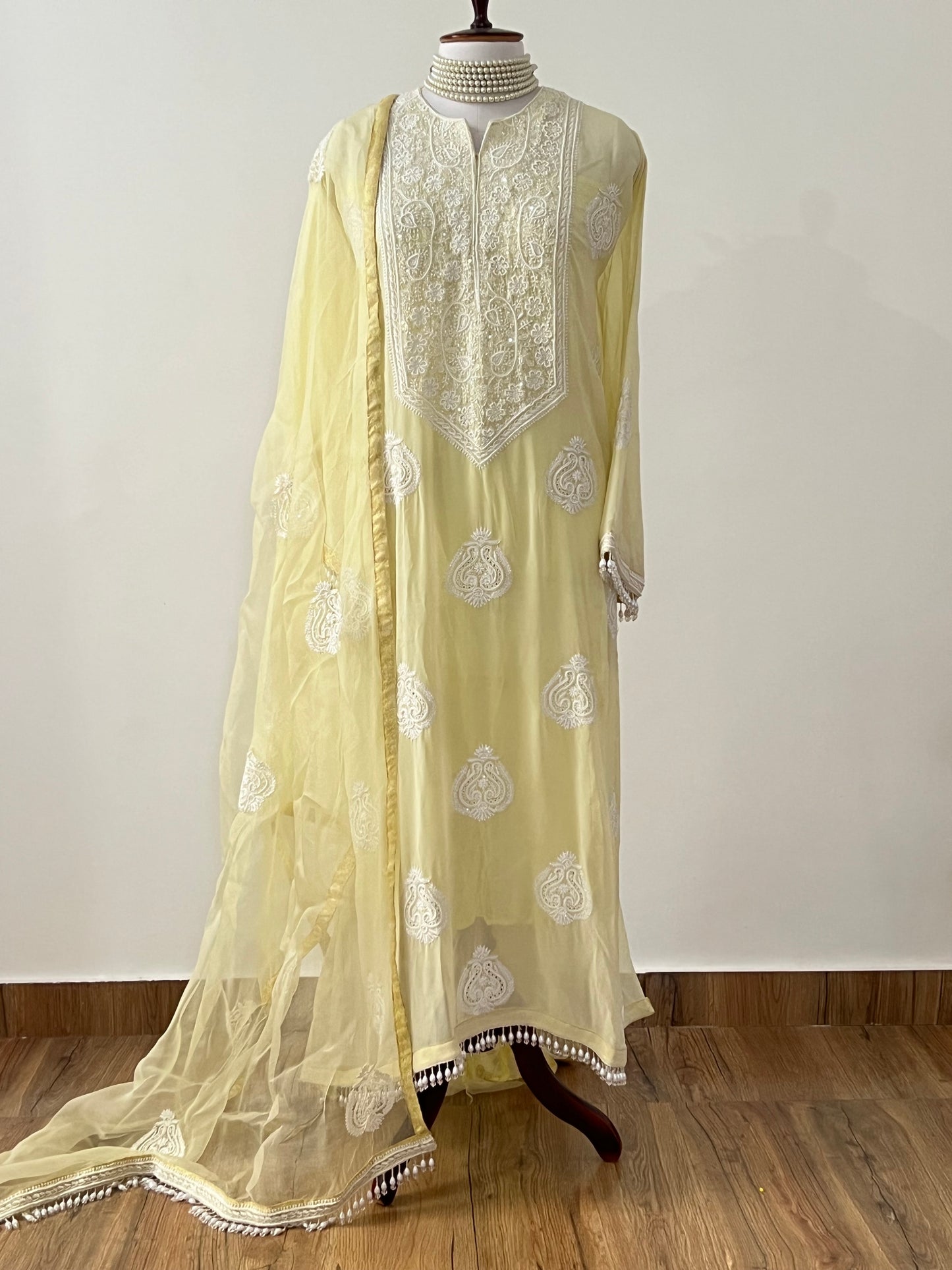 Lemon Yellow Fine Chikankari & Embellishments Kurta Set