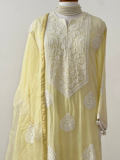 Lemon Yellow Fine Chikankari & Embellishments Kurta Set