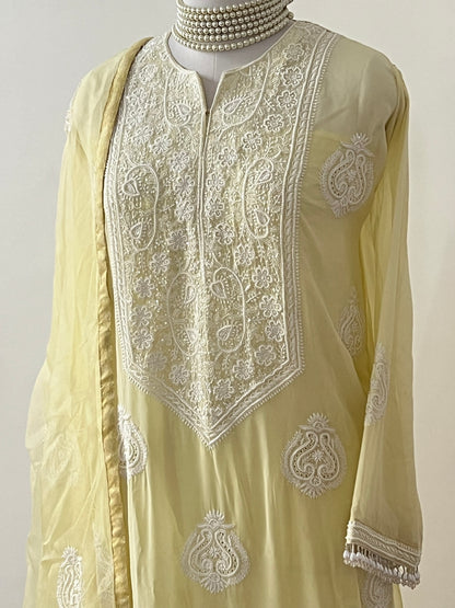 Lemon Yellow Fine Chikankari & Embellishments Kurta Set