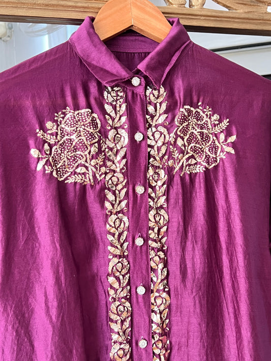Deep Wine Pure Chanderi Silk Shirt with Mukaish