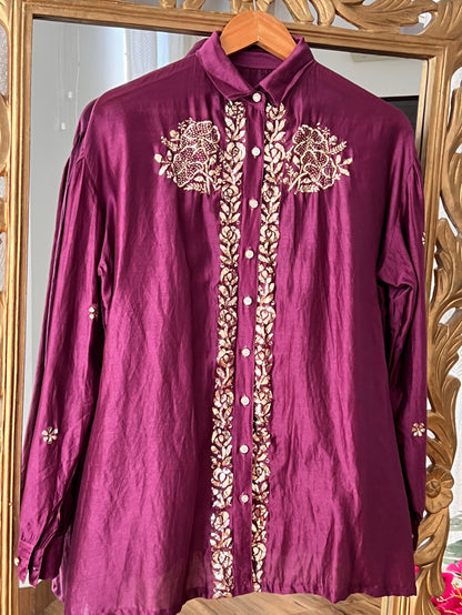 Deep Wine Pure Chanderi Silk Shirt with Mukaish