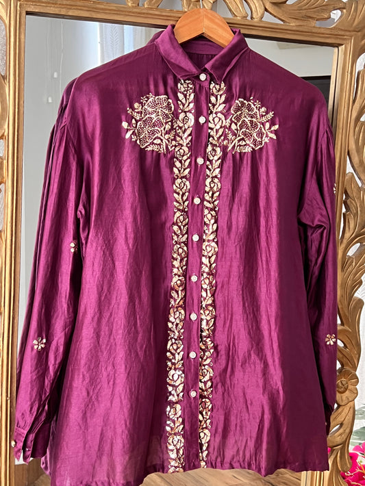 Deep Wine Pure Chanderi Silk Shirt with Mukaish