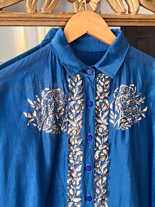 Blue Pure Chanderi Silk Shirt with Mukaish