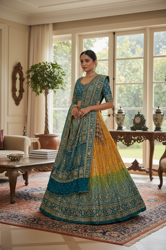 Multicolour Mukaish Bandhej Lehanga Set