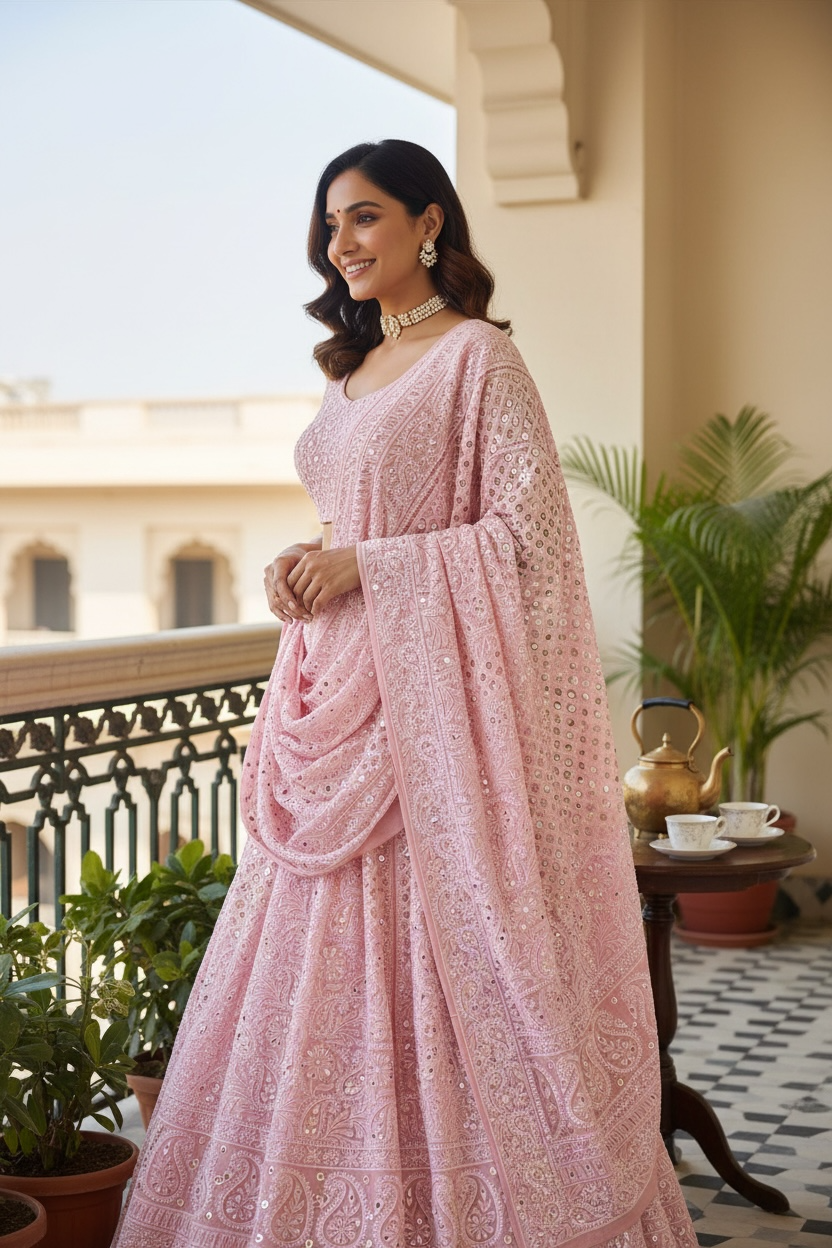 Pink Chikankari & Mukaish Lehenga Set