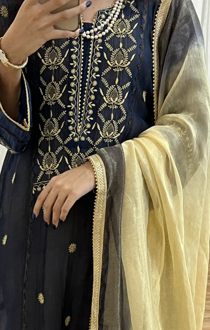 Midnight Blue Mul Chanderi Suit with Chikankari & Appliqué