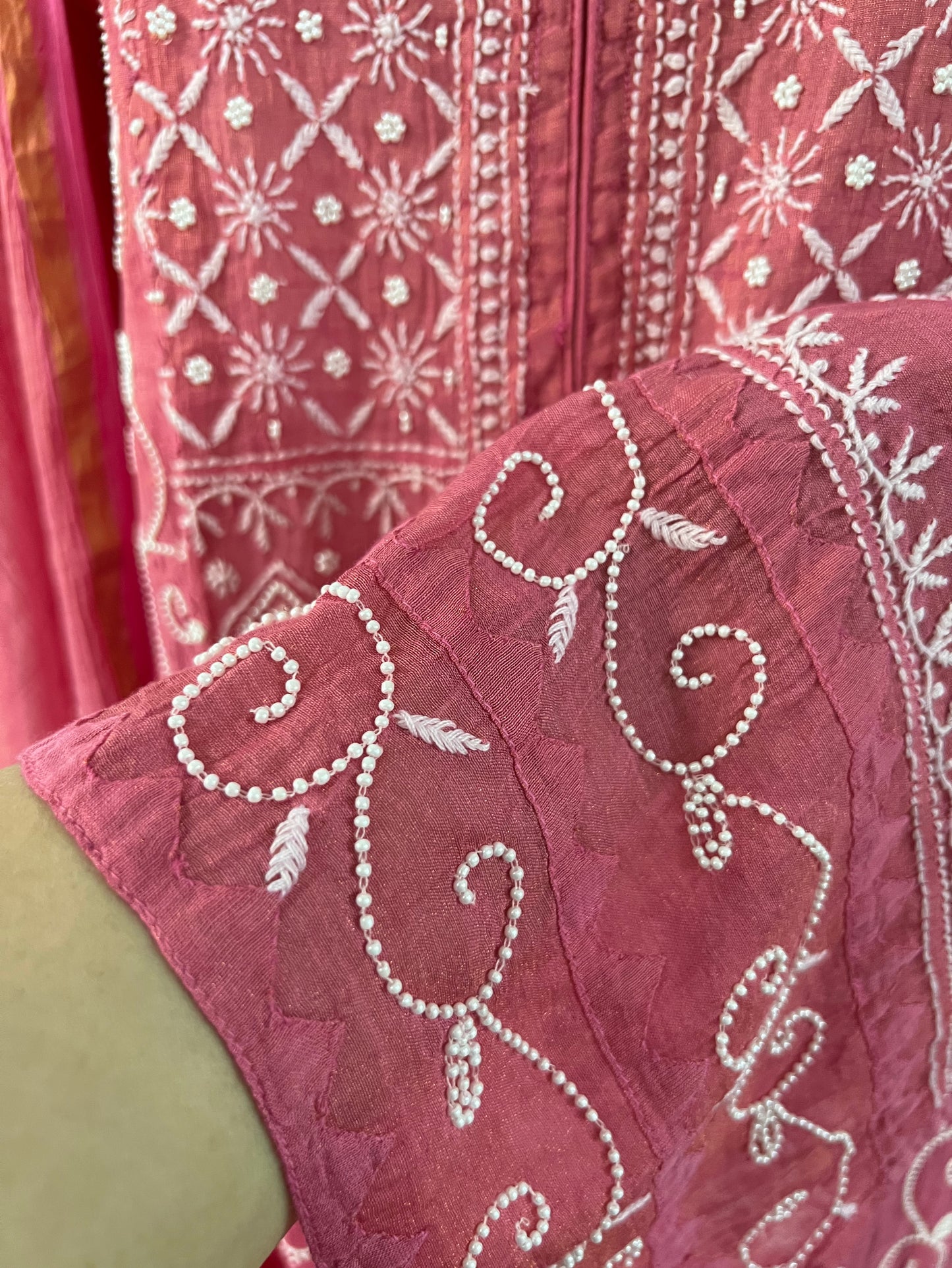 Pink Tissue Chanderi Silk Suit with Chikankari and Embellishments