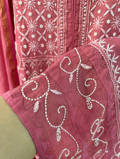 Pink Tissue Chanderi Silk Suit with Chikankari and Embellishments