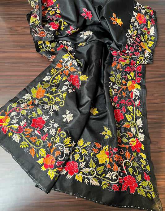 Black Silk Dupatta with Kantha Work