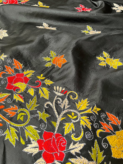 Black Silk Dupatta with Kantha Work