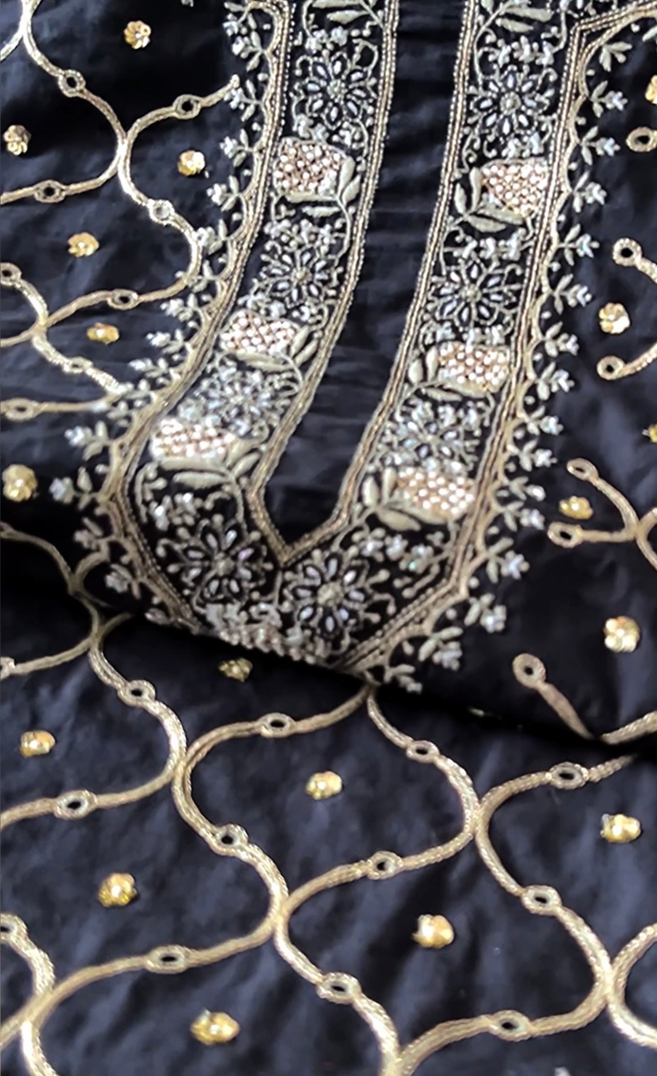 Midnight Elegance: Long Kaftan-Style Kurta with Chikankari, Pearls, and Pitta Zari
