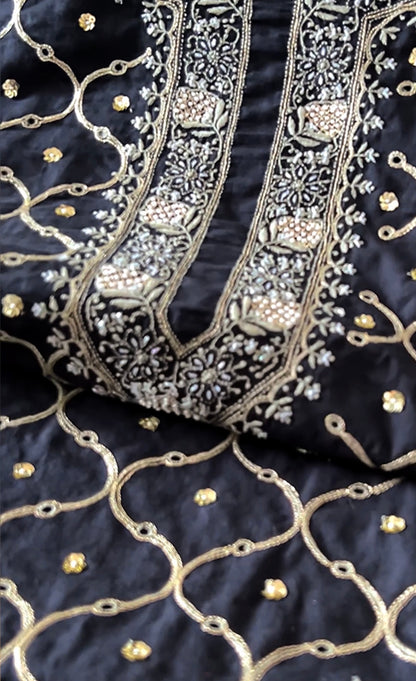 Midnight Elegance: Long Kaftan-Style Kurta with Chikankari, Pearls, and Pitta Zari