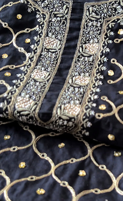 Midnight Elegance: Long Kaftan-Style Kurta with Chikankari, Pearls, and Pitta Zari