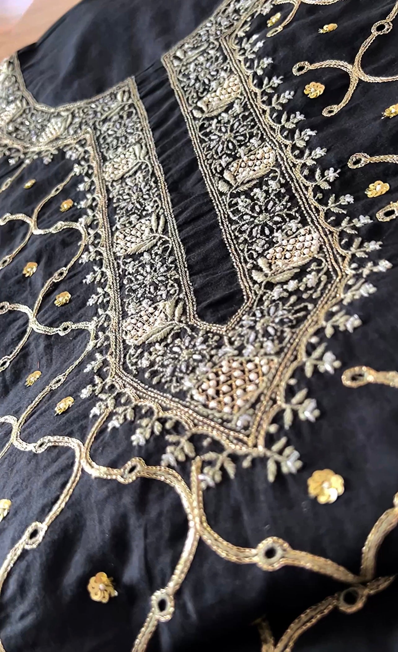 Midnight Elegance: Long Kaftan-Style Kurta with Chikankari, Pearls, and Pitta Zari