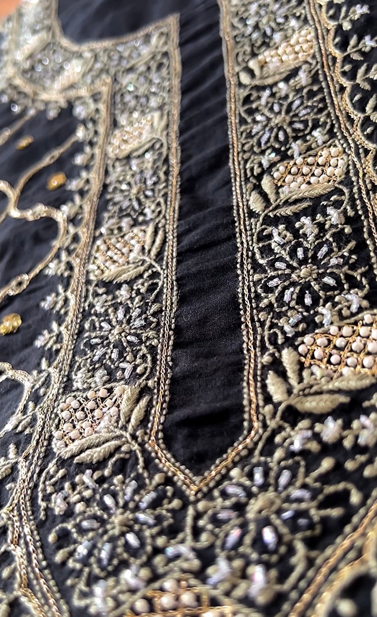 Midnight Elegance: Long Kaftan-Style Kurta with Chikankari, Pearls, and Pitta Zari