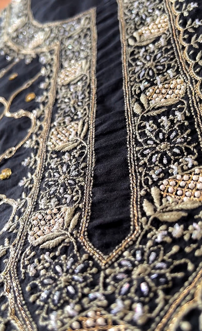 Midnight Elegance: Long Kaftan-Style Kurta with Chikankari, Pearls, and Pitta Zari