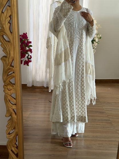 Mul Chanderi Chikankari Anarkali with Pearls, Sequins and Zari | Dyeable Custom Colour | ShaSumz Chikankari