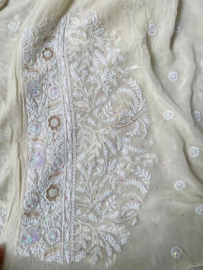 Ivory Pure Georgette Saree with Chikankari & Embellishments