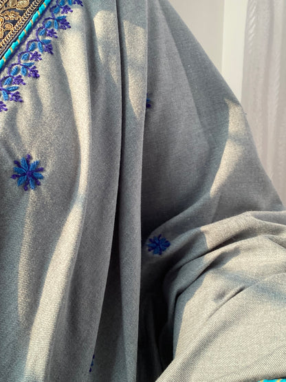 Grey Woollen Shawl with Fine Chikankari & Borders