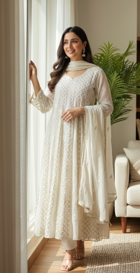 Mul Chanderi Chikankari Anarkali with Pearls, Sequins and Zari | Dyeable Custom Colour | ShaSumz Chikankari